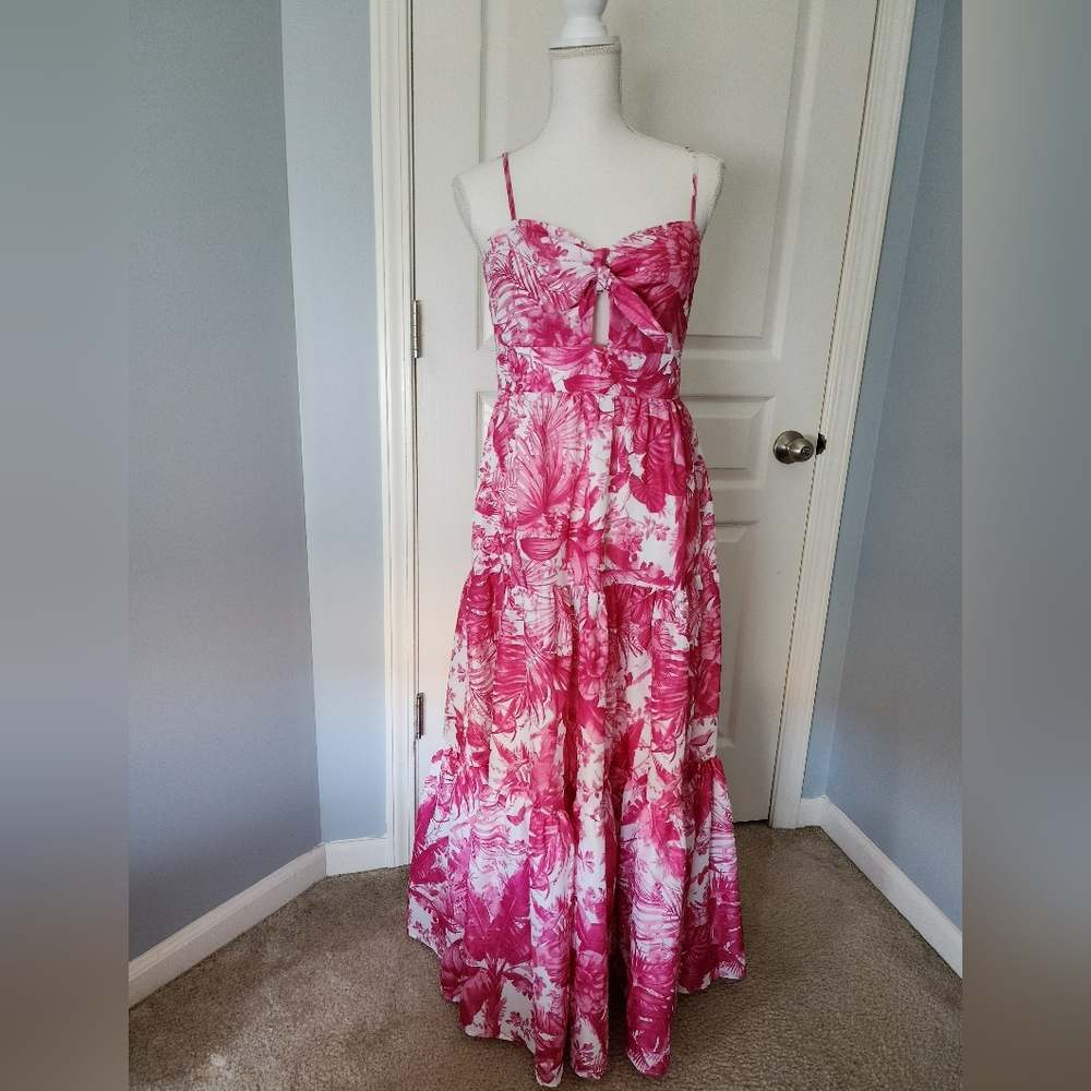 AQUA, Beautiful Tiered Pink Floral Print Midi Dress, Size Large, Worn Once
